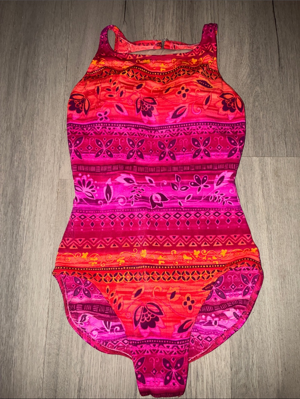 Vintage Beach Native- Vibrant Pink & Orange High Neckline One-Piece Swimsuit